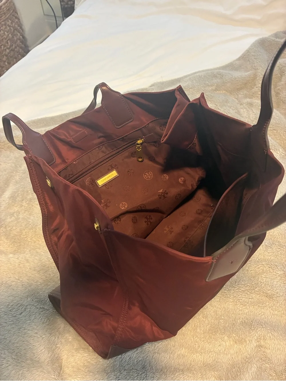 Tory Burch Burgundy Nylon and Leather Logo Tote